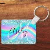 Silver Glitzer Rainbow Wave Aqua Ombre Monogram Schlüsselanhänger (Vorderseite)