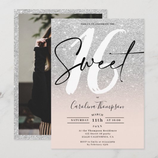 Silver Glitzer Randskript Foto Sweet 16 Einladung (Vorne/Hinten)