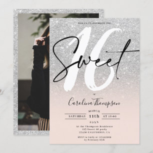 Silver Glitzer Randskript Foto Sweet 16 Einladung