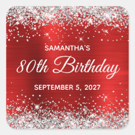 Silver Glitzer Red Foil 80. Geburtstag Quadratischer Aufkleber