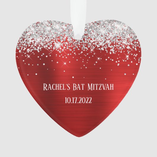 Silver Glitzer Red Foil Bat Mitzvah Herz Ornament (Vorderseite)