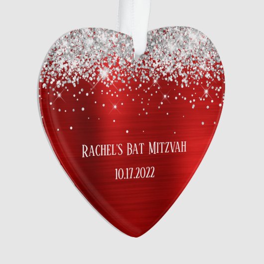 Silver Glitzer Red Foil Bat Mitzvah Herz Ornament (Vorderseite)