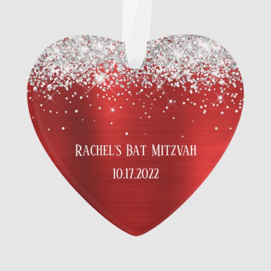 Silver Glitzer Red Foil Bat Mitzvah Herz Ornament (Rückseite)