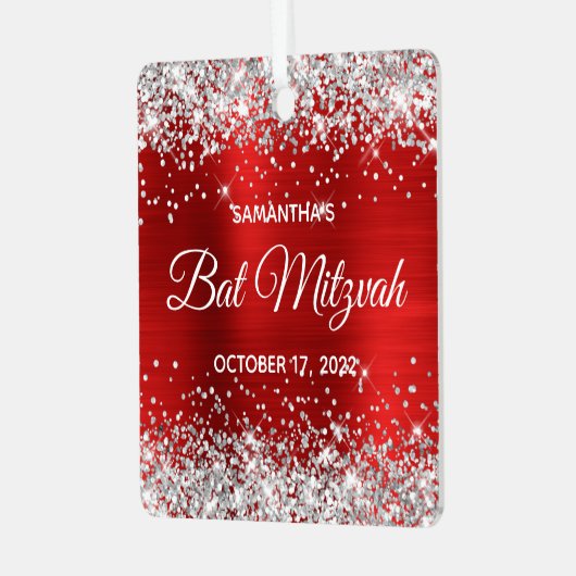 Silver Glitzer Red Foil Bat Mitzvah Ornament Aus Metall (Vorderseite links)