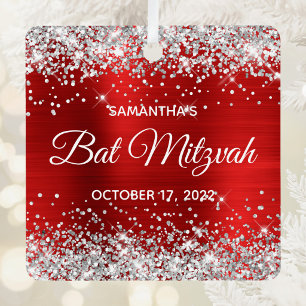 Silver Glitzer Red Foil Bat Mitzvah Ornament Aus Metall