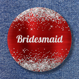 Silver Glitzer Red Foil Bridesmaid Button