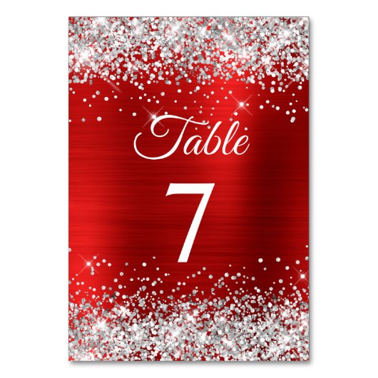 Silver Glitzer Red Foil Elegante Kalligrafie Tischnummer (Vorderseite)