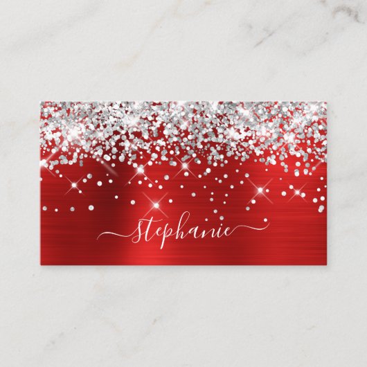 Silver Glitzer Red Foil Girly Signature Business C Visitenkarte (Vorderseite)