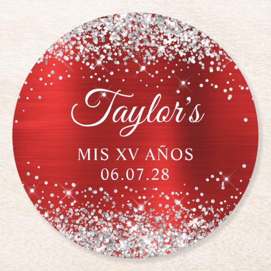Silver Glitzer Red Foil Mis XV Anos Birthday Runder Pappuntersetzer (Vorderseite)