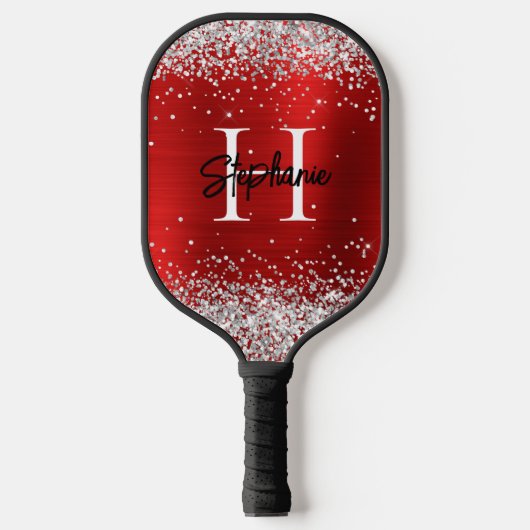 Silver Glitzer Red Foil Mit Monogramm Pickleball Schläger (Vorderseite)