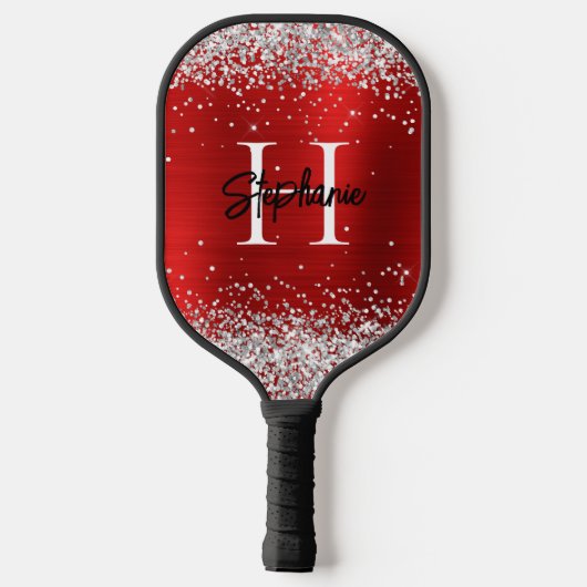 Silver Glitzer Red Foil Mit Monogramm Pickleball Schläger (Rückseite)