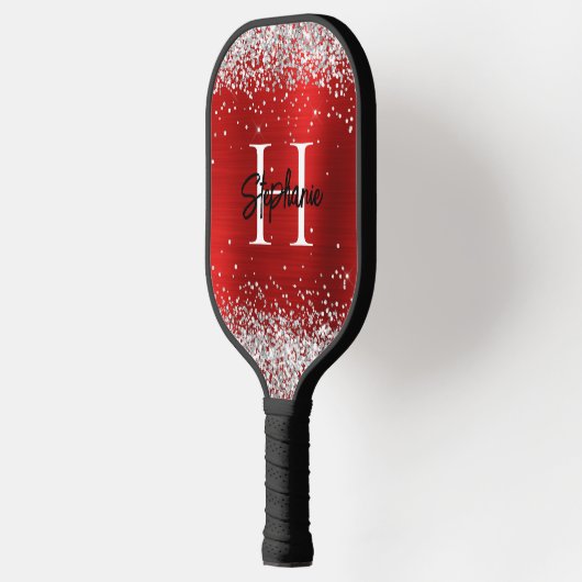Silver Glitzer Red Foil Mit Monogramm Pickleball Schläger (Links)