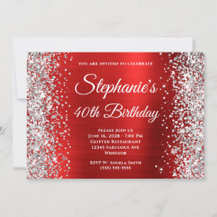 Silver Glitzer Red Foil Monogram 40. Geburtstag Einladung