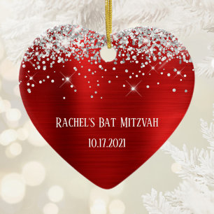 Silver Glitzer Red Foil Personalisiert Bat Mitzvah Keramik Ornament