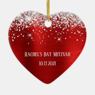 Silver Glitzer Red Foil Personalisiert Bat Mitzvah Keramik Ornament