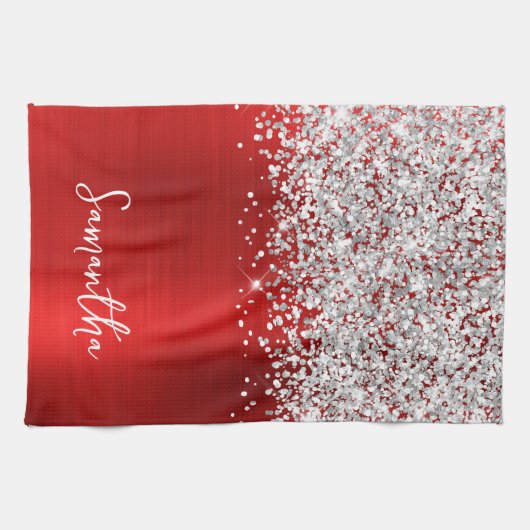 Silver Glitzer Red Glam Name Geschirrtuch (Horizontal)