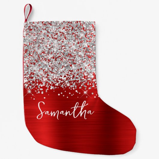 Silver Glitzer Red Glam Name Kleiner Weihnachtsstrumpf (Vorderseite)