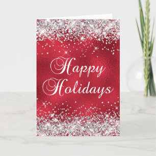 Silver Glitzer Red Glass Foil Happy Holidays Karte