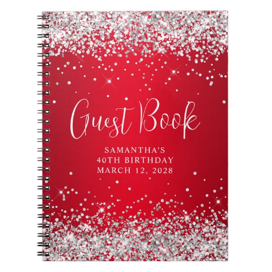 Silver Glitzer Red Ombre 40th Birthday Guest Notizblock (Vorderseite)