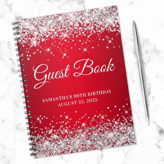 Silver Glitzer Red Ombre 90th Birthday Gästebuch Notizblock