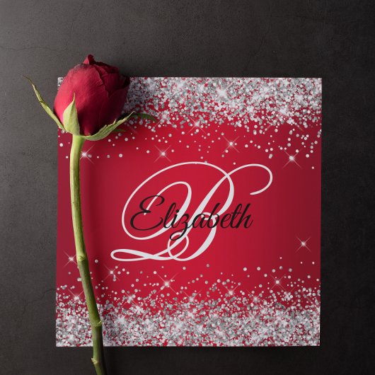 Silver Glitzer Red Ombre Extravagant Monogram Birt Einladung