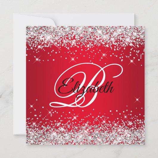 Silver Glitzer Red Ombre Extravagant Monogram Birt Einladung (Rückseite)