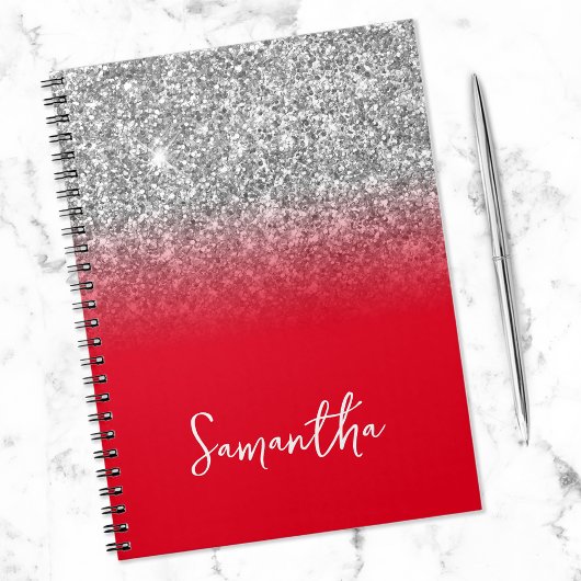 Silver Glitzer Red Ombre Name Notizblock