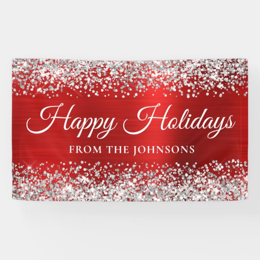 Silver Glitzer Red Personalisiert Happy Holidays Banner (Horizontal)