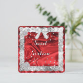 Silver Glitzer, Red Satin 16 . Geburtstag Einladun Einladung (Stehend Vorderseite)