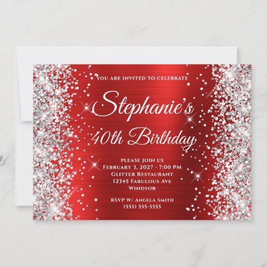 Silver Glitzer Red White Monogram 40. Geburtstag Einladung (Vorderseite)