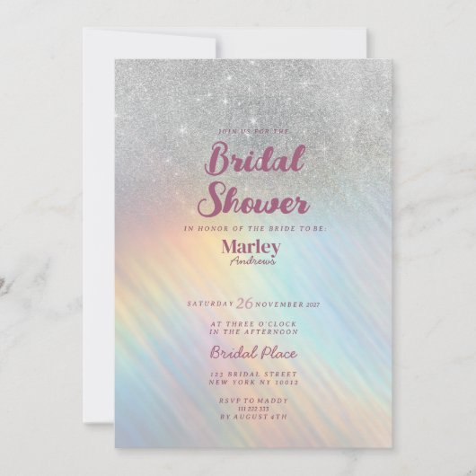 Silver Glitzer Regenbogen holografisches Brautpart Einladung (Vorderseite)
