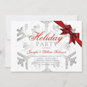 Silver Glitzer & Ribbon | Xmas Holiday Red Einladung (Vorderseite)