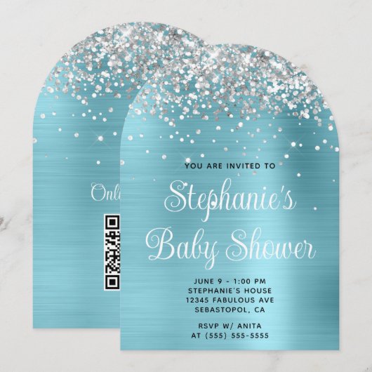 Silver Glitzer Robin Egg Blue Baby Dusche Einladung (Vorne/Hinten)