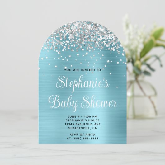 Silver Glitzer Robin Egg Blue Baby Dusche Einladung (Stehend Vorderseite)