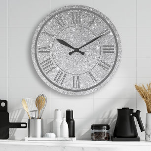 Silver Glitzer Roman Numeral Sparkle Girly Große Wanduhr