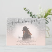 Silver Glitzer Rosa Chic Foto Abschluss Einladung (Stehend Vorderseite)