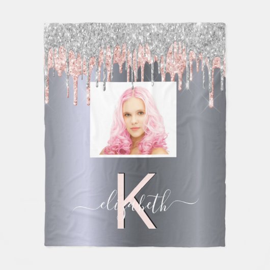 Silver Glitzer Rosa Foto Monogramm Funkeln Fleecedecke (Vorderseite)
