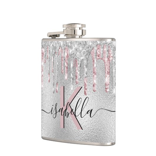 Silver Glitzer Rosa Monogramm Funkelschrift Flachmann (Links)