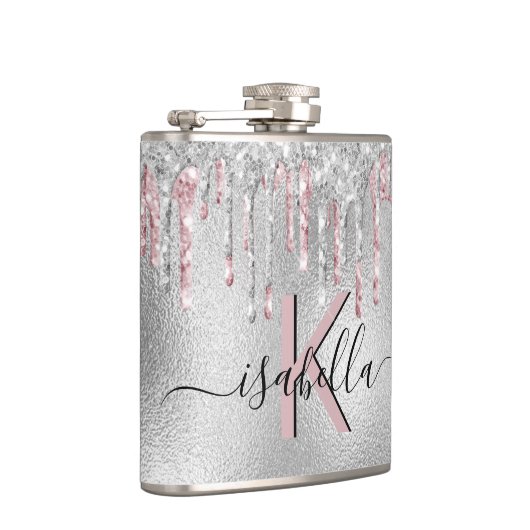 Silver Glitzer Rosa Monogramm Funkelschrift Flachmann (Rechts)