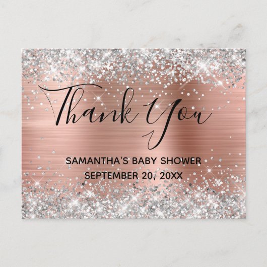 Silver Glitzer Rose Gold Baby Dusche Vielen Dank Postkarte (Vorderseite)