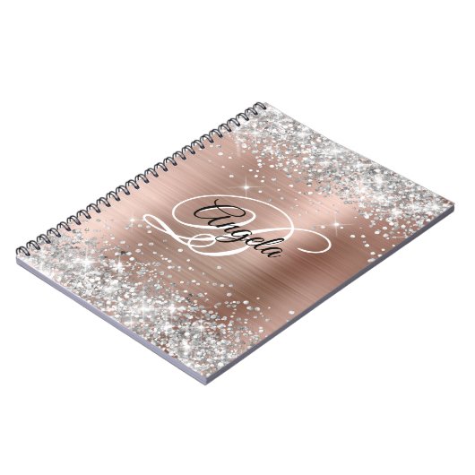 Silver Glitzer Rose Gold Extravagantes Monogramm Notizblock (Linke Seite)