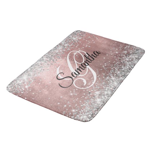 Silver Glitzer Rose Gold Foil Extravagant Monogram Badematte (Schrägansicht)