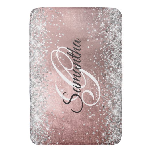 Silver Glitzer Rose Gold Foil Extravagant Monogram Badematte (Vorderseite Vertikal)