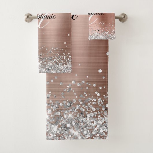 Silver Glitzer Rose Gold Foil Extravagant Monogram Badhandtuch Set (Insitu)