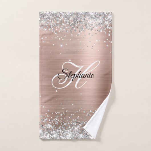 Silver Glitzer Rose Gold Foil Extravagant Monogram Badhandtuch Set (Handtuch)