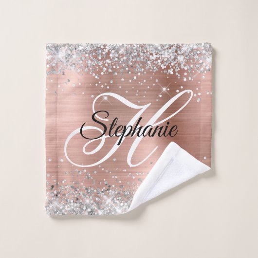 Silver Glitzer Rose Gold Foil Extravagant Monogram Badhandtuch Set (Waschlappen)