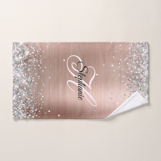 Silver Glitzer Rose Gold Foil Extravagant Monogram Badhandtuch Set (Handtuch)