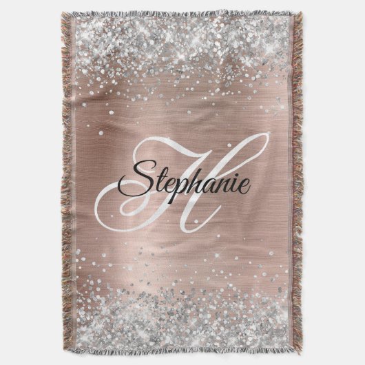 Silver Glitzer Rose Gold Foil Extravagant Monogram Decke (Vorderseite Vertikal)