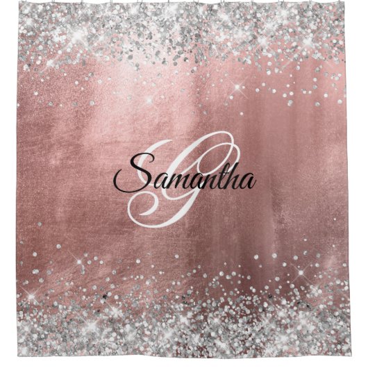 Silver Glitzer Rose Gold Foil Extravagant Monogram Duschvorhang (Vorderseite)