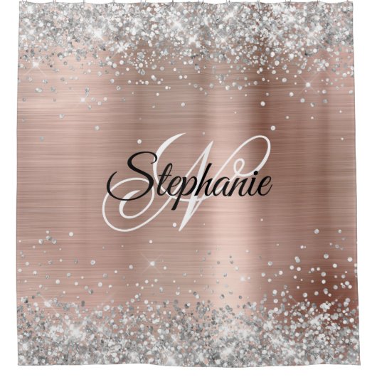 Silver Glitzer Rose Gold Foil Extravagant Monogram Duschvorhang (Vorderseite)